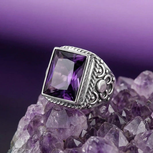 Bague améthyste homme pierre naturelle - Bijou artisanal argent 925 finition antique cadeau élégant
