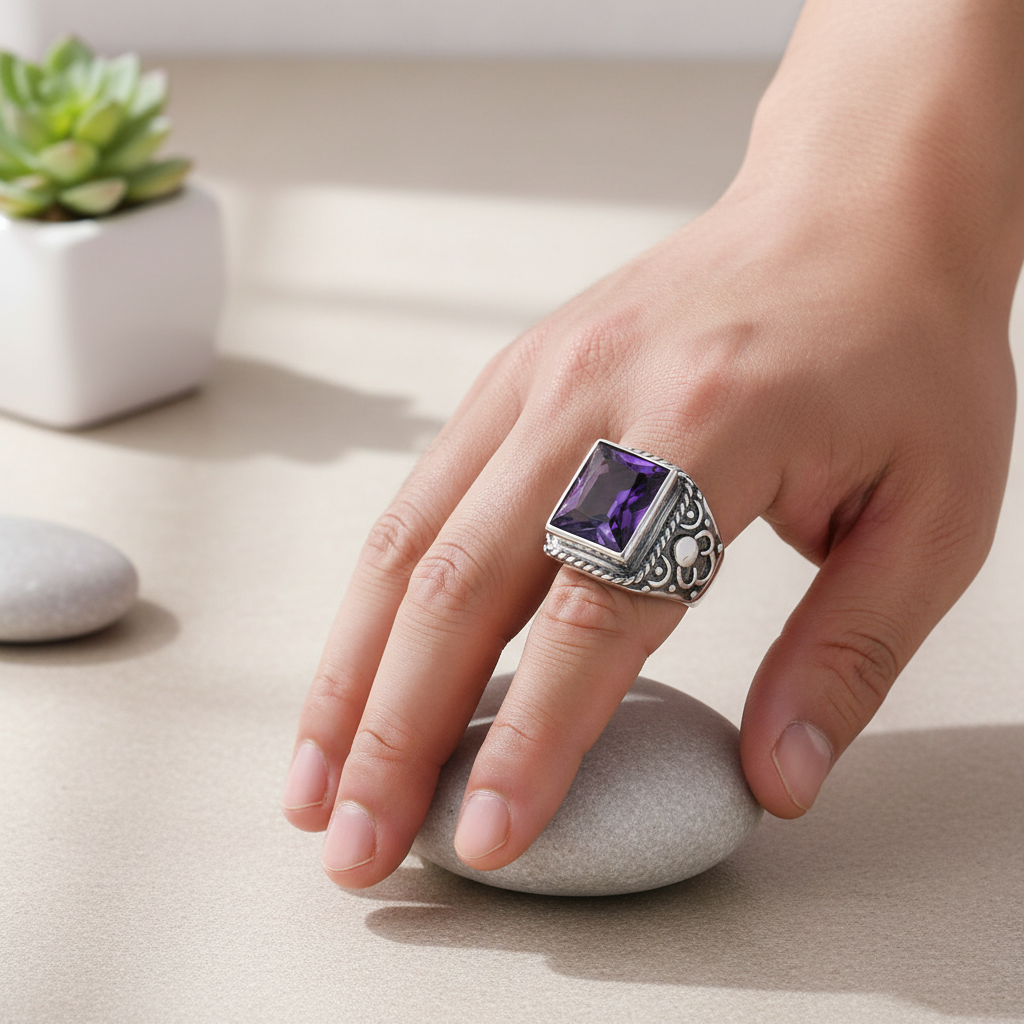 Bague améthyste homme carrée portée par un homme dans un espace zen