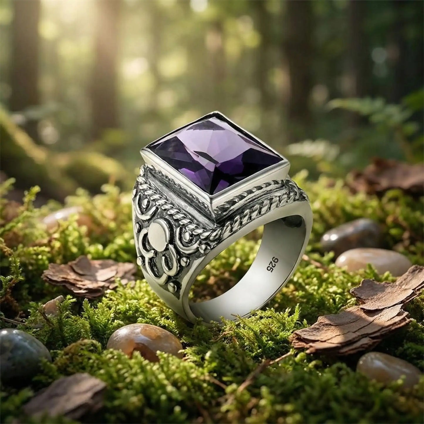 Bague améthyste homme argent sterling - Détails gravures artisanales finition antique pierre naturelle
