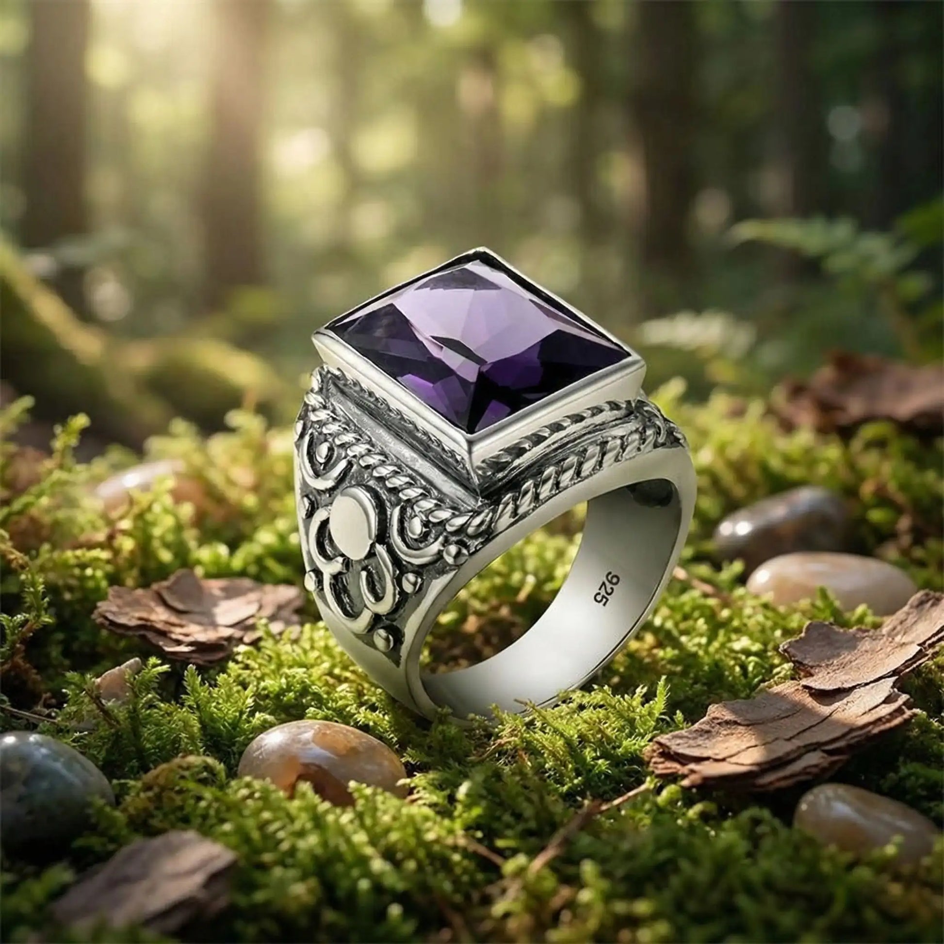 Bague améthyste homme argent sterling - Détails gravures artisanales finition antique pierre naturelle
