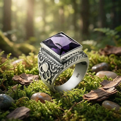 Bague améthyste homme argent sterling - Détails gravures artisanales finition antique pierre naturelle
