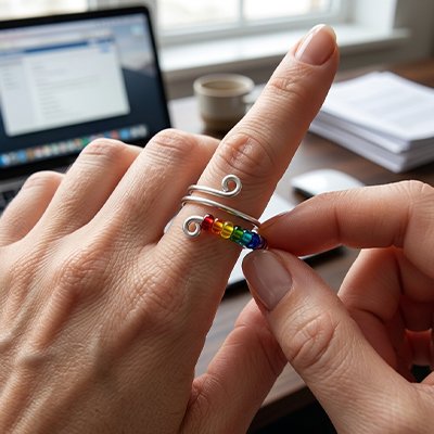 Bague anti stress argentées perles mobiles colorées 7 chakras