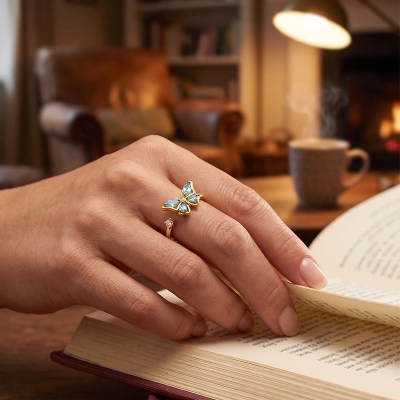 Bague anti stress femme papillon bleu