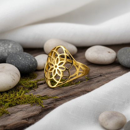 Bague anti stress fleur de vie dorée acier inoxydable fond zen