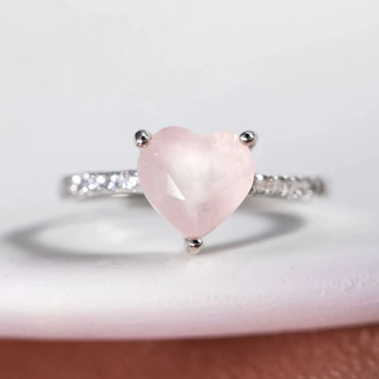 Bague anti-stress pour femme quartz rose en forme de coeur chakra coeur argent sterling 925