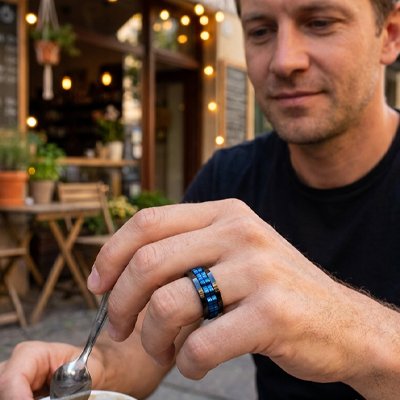 Bague anti stress tournante acier inoxydable noire et bleue homme