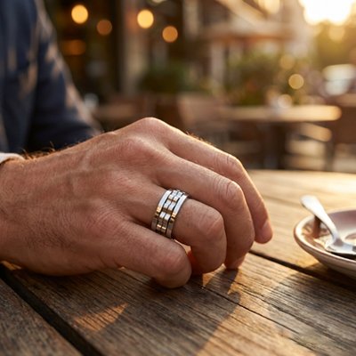 Bague anti stress tournante homme acier inoxydable argenté
