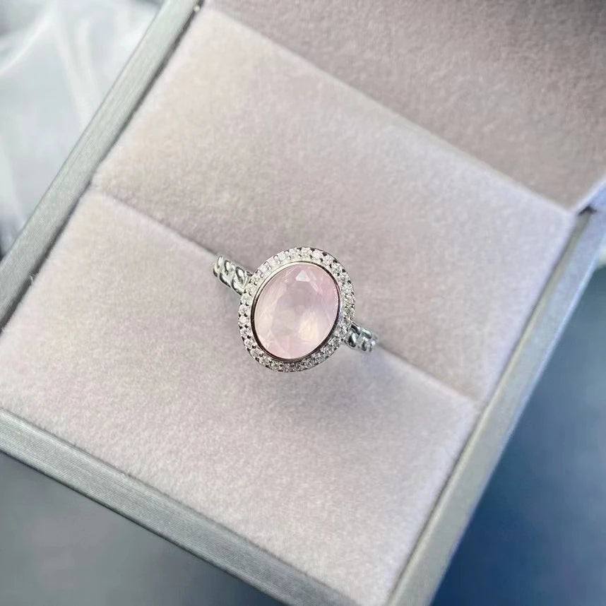 Bague femme argent quartz rose pierre naturelle ovale à facette entourée de zircons