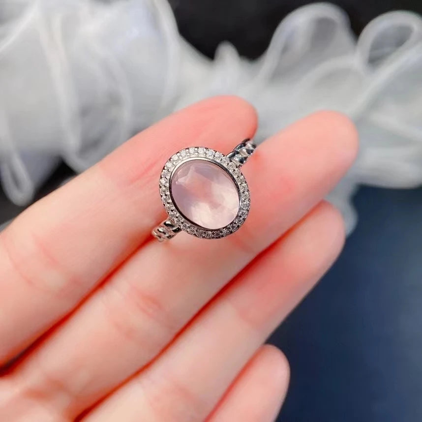 Bague femme argent quartz rose pierre naturelle ovale à facette entourée de zircons