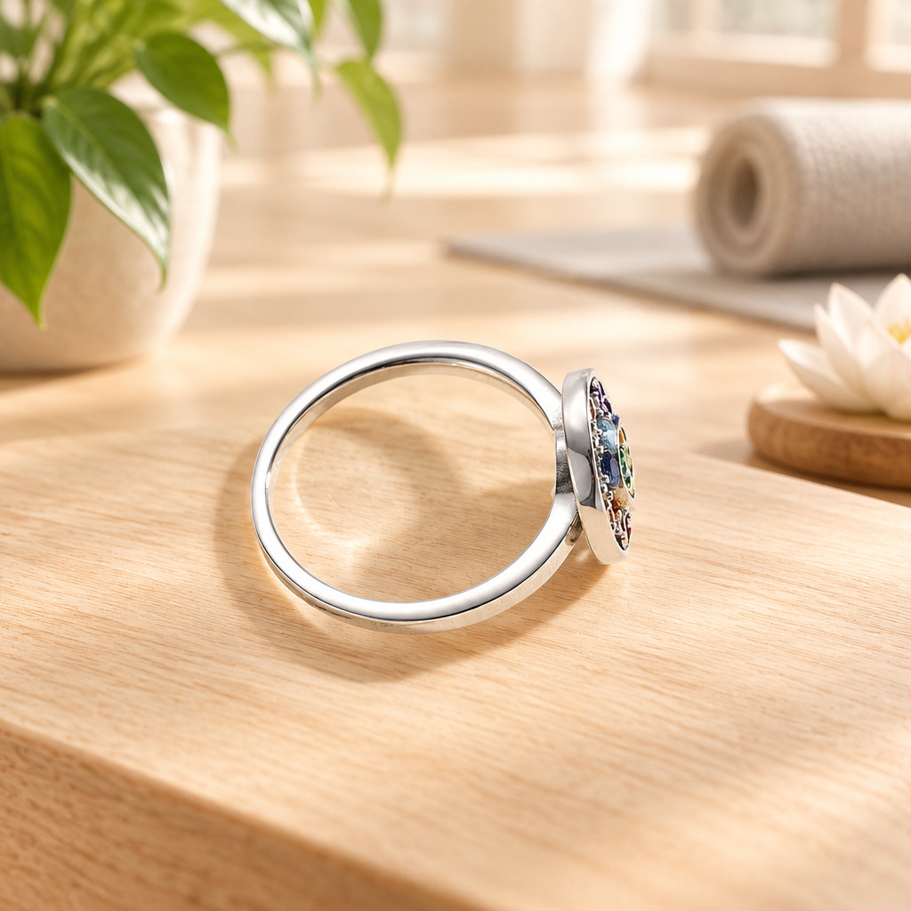 Bague chakras dans un studio de yoga zen lumineux