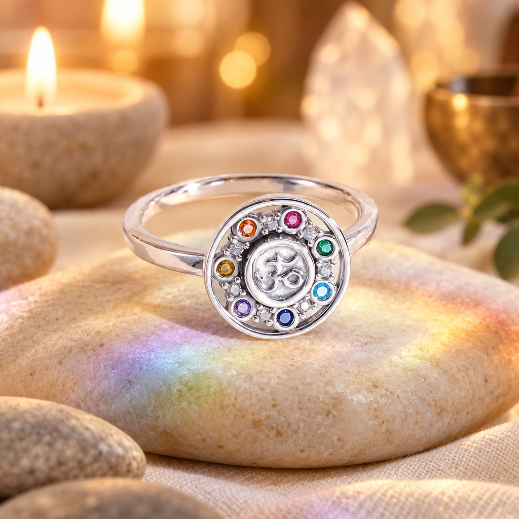 Bague chakras dans une ambiance méditative minérale bougie zen