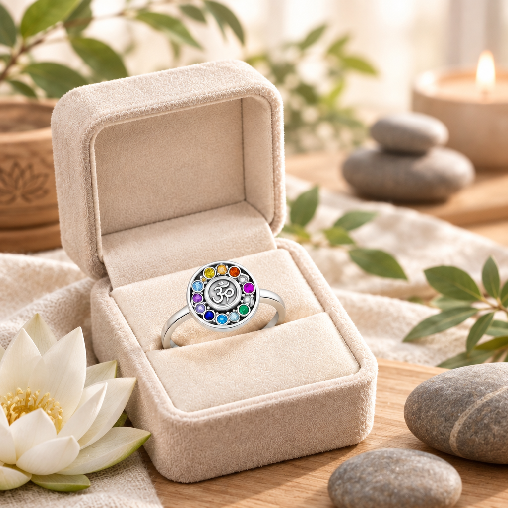 Bague chakras Om dans un écrin au cœur d’une ambiance yoga zen
