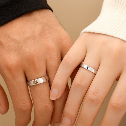 Bague couple acier inoxydable lune soleil d'or