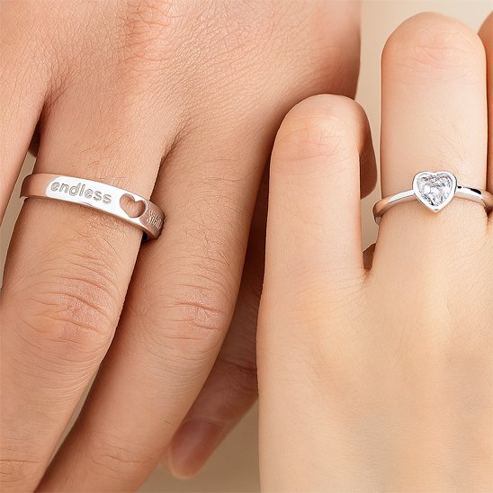 Bague couple acier inoxydable coeur