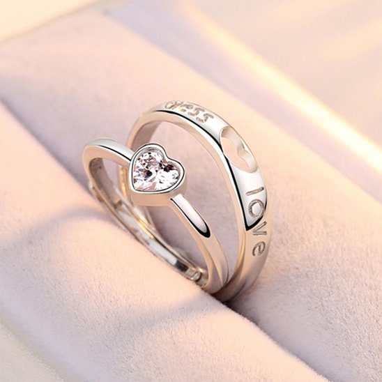 Bague couple acier inoxydable coeur