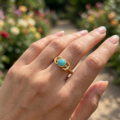 Bague femme acier inoxydable dorée sertie d'une turquoise