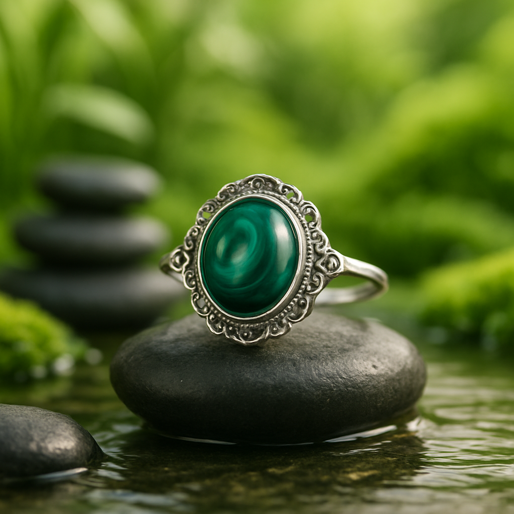 bague femme argent malachite pierre naturelle verte de guérison sur galet gris zen dans ruisseau nature