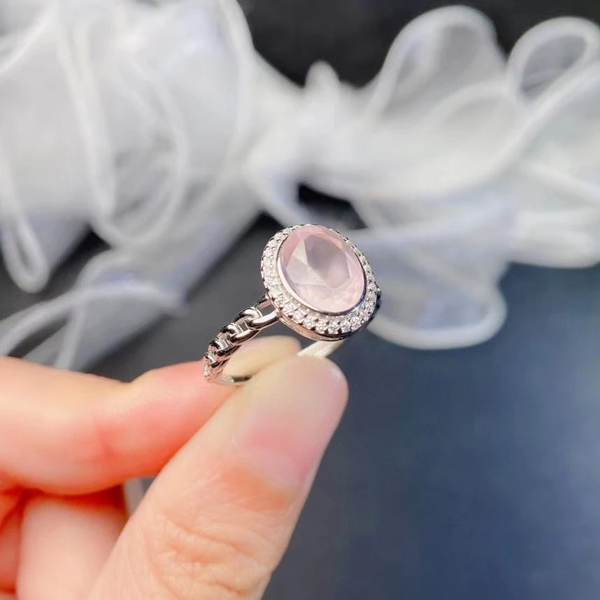Bague femme argent quartz rose pierre naturelle ovale à facette entourée de zircons