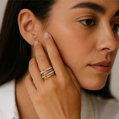 Bague femme élégante zircons acier inoxydable 3anneaux