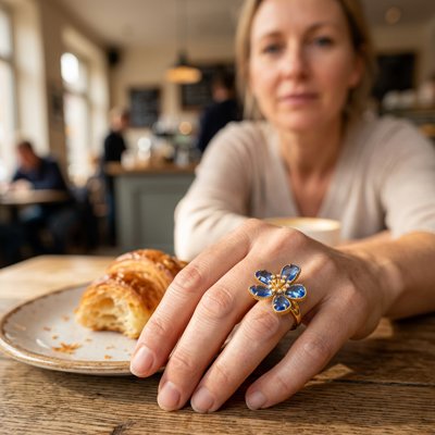 Bague femme fleur acier inoxydable doré zircons bleus