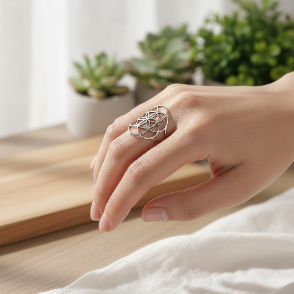 Bague femme fleur de vie argentée portée au doigt fond zen