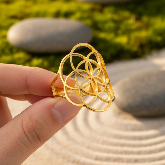 Bague femme fleur de vie dorée tenue entre les doigts jardin zen