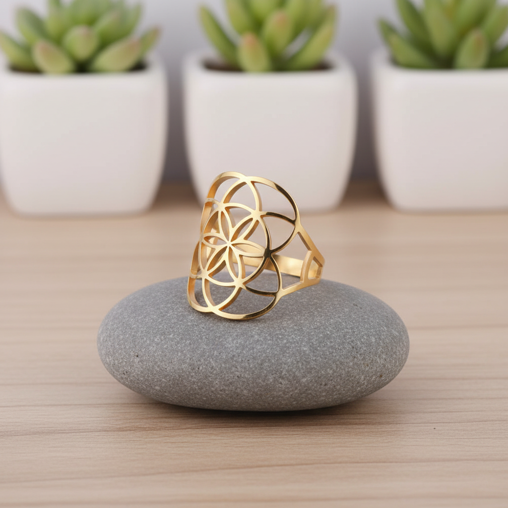Bague femme fleur de vie dorée sur pierre ambiance zen