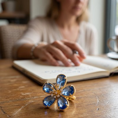 Bague femme fleur zircons bleus