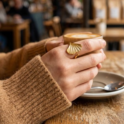 Bague femme ouverte réglable feuille de Gingko acier inoxydable