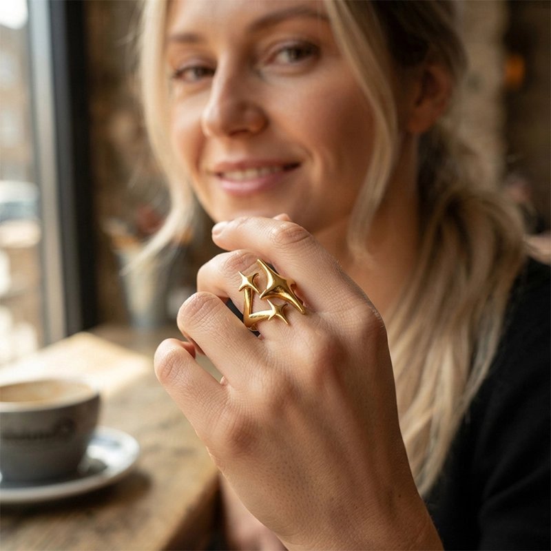 Bague femme souriante acier inoxydable doré étoile