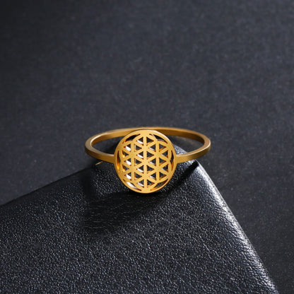 Bague fleur de vie acier inoxydable doré géométrie sacrée