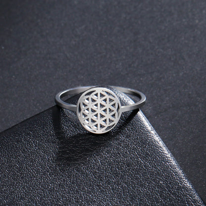 Bague fleur de vie acier inoxydable argenté symbole sacré