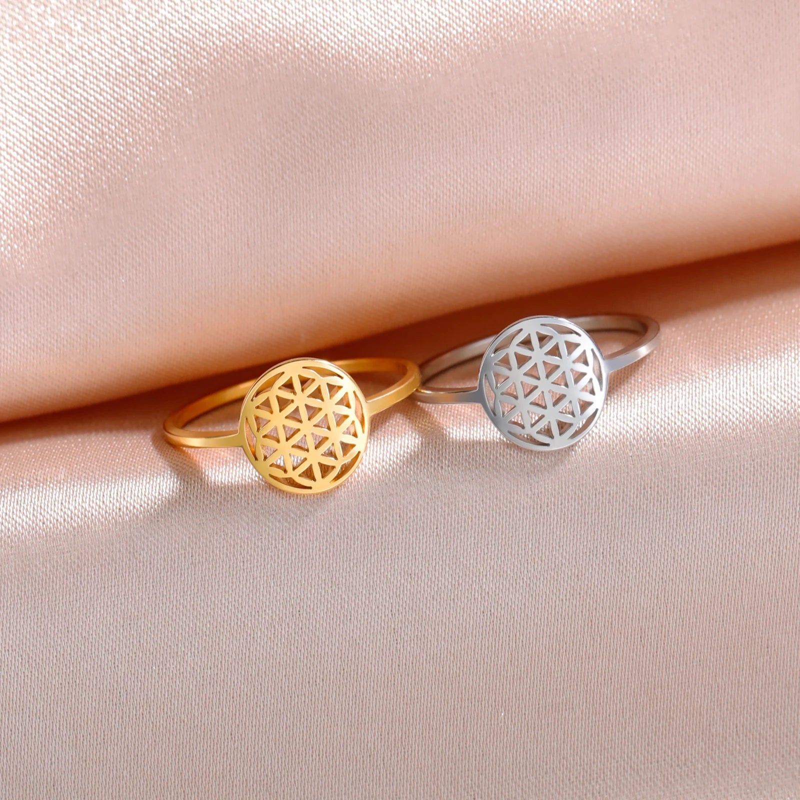 Bague fleur de vie acier inoxydable doré et argenté