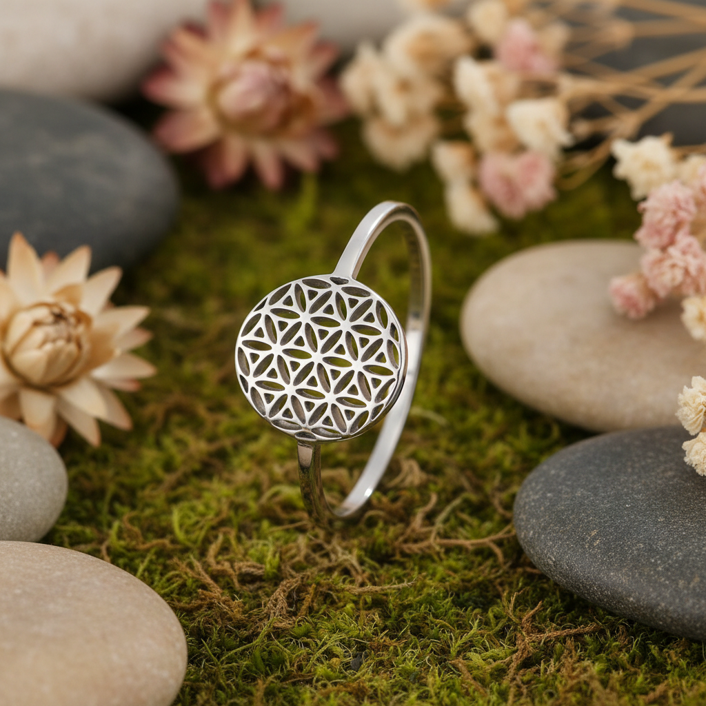 Bague spirituelle fleur de vie argentée sur fond naturel