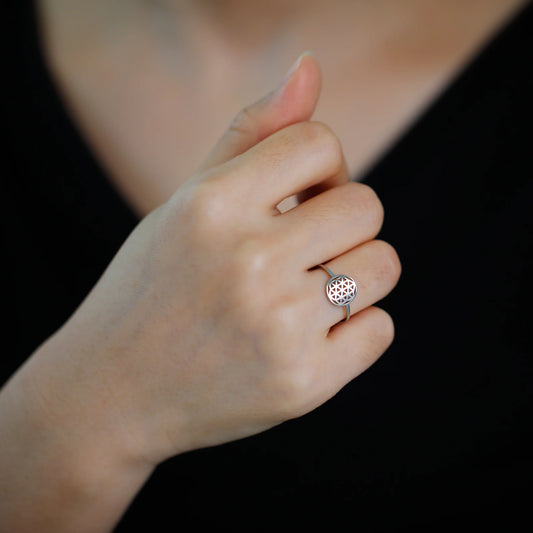 Bague fleur de vie annulaire femme acier inoxydable argenté
