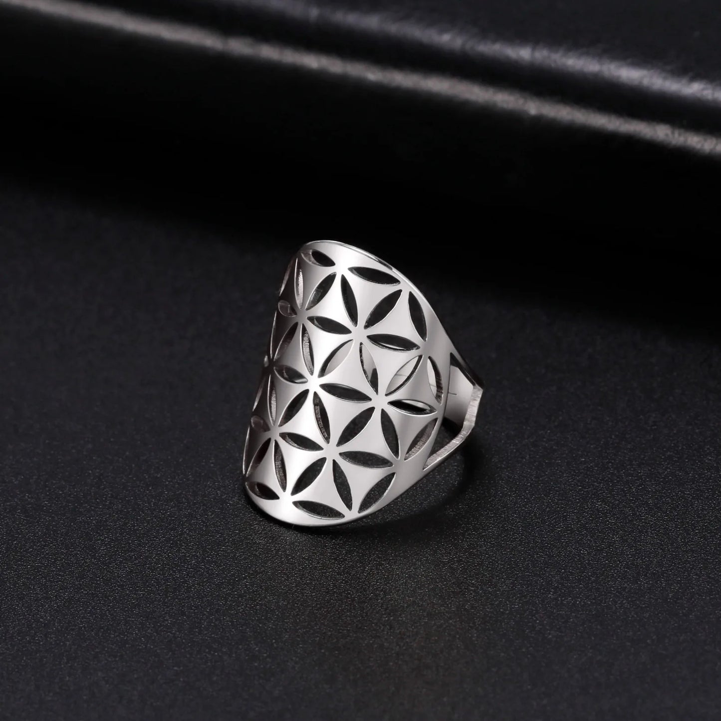 Bague fleur de vie symbole de géométrie sacrée acier inoxydable argenté