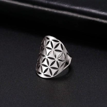 Bague fleur de vie symbole de géométrie sacrée acier inoxydable argenté