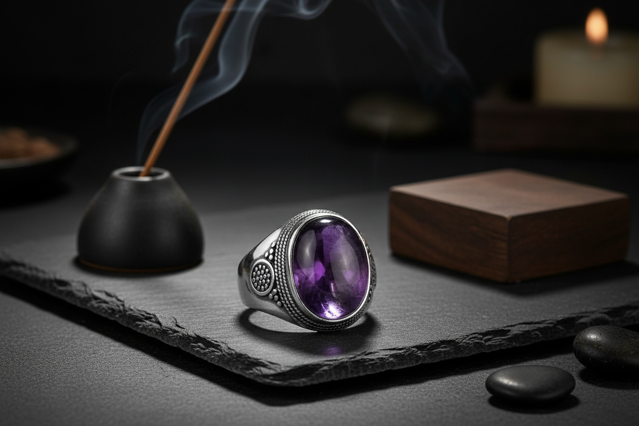 Bague homme améthyste argent 925 ambiance zen masculine et apaisante avec encens et bougie