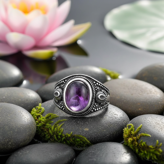 Bague homme améthyste en argent 925 avec pierre naturelle ovale violette sur fond zen