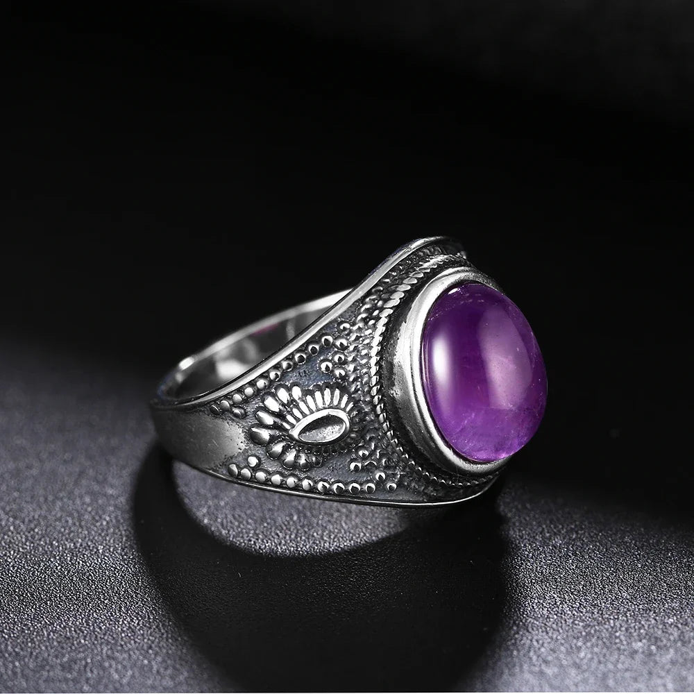 Bague homme améthyste - pierre violette naturelle et argent massif