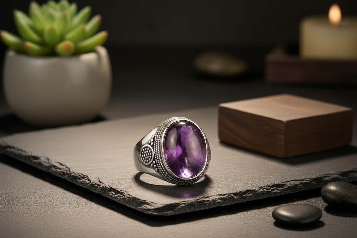 Bague homme améthyste pierre naturelle dans espace zen lumineux avec plante