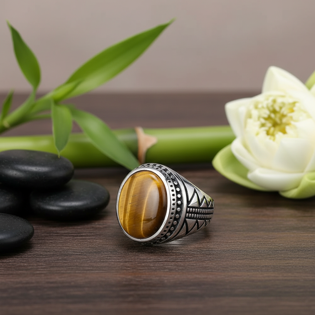 Bague homme argent sertie d'une pierre oeil de tigre sur fond zen naturel