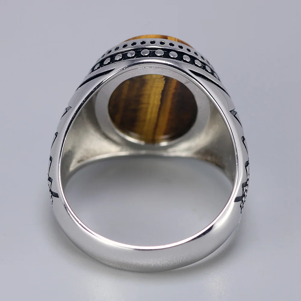 Bague homme argent sertie d'une pierre naturelle oeil de tigre ovale