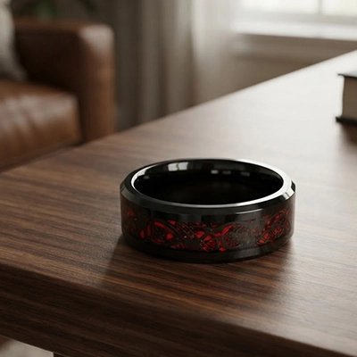 Bague homme design anneau bicolor noir marbré de rouge