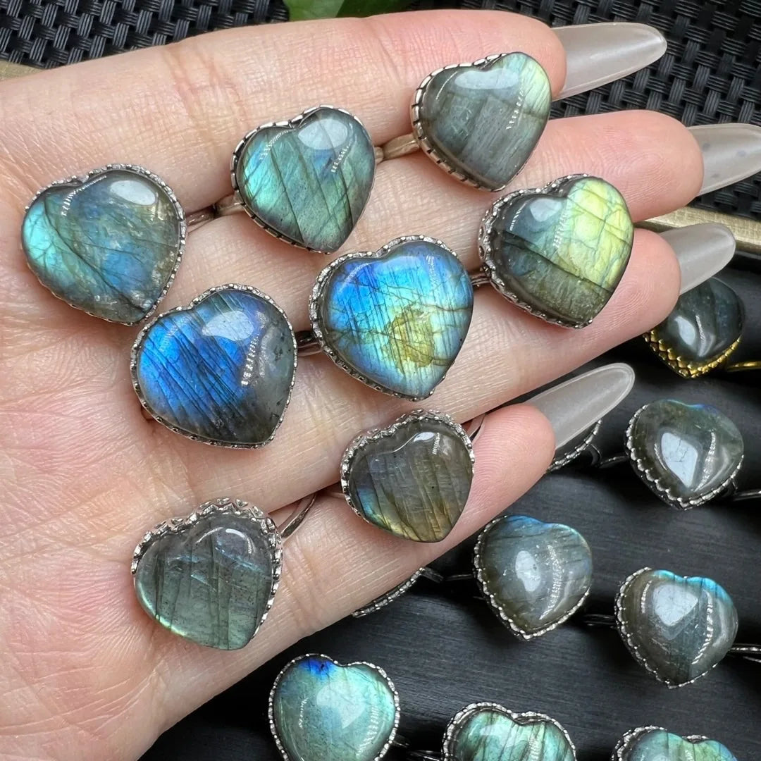 Bague labradorite coeur pierre naturelle bleue irisée anti stress argent sterling 925