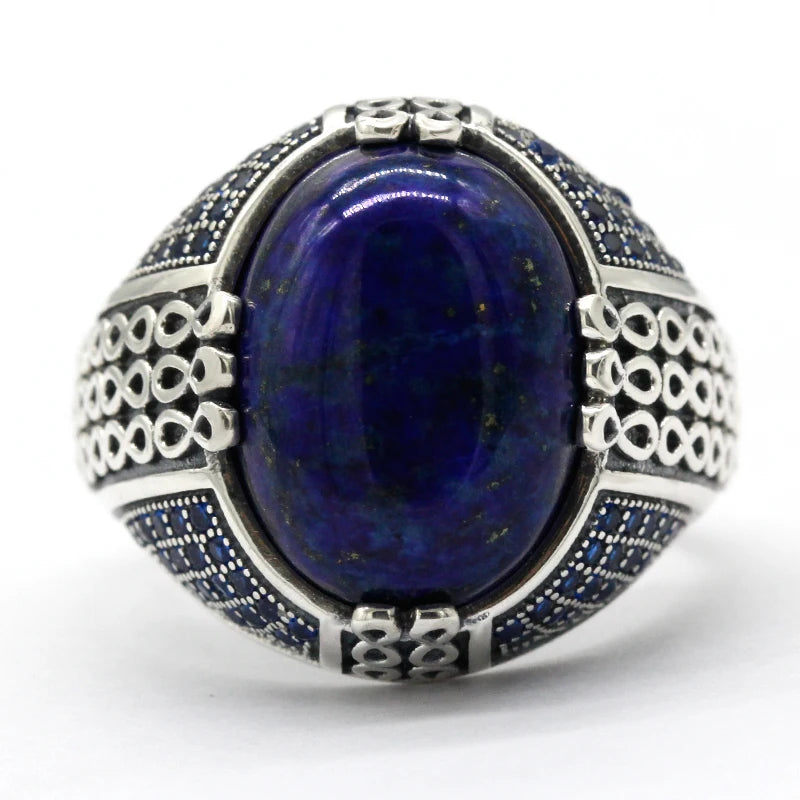 Bague lapis lazuli homme argent motif infini anti stress pierre naturelle bleu magnétique