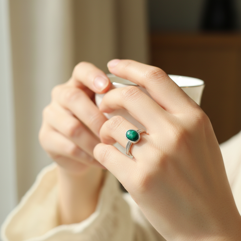 Bague malachite femme portée à l'annulaire – pierre naturelle verte apaisante - réglable