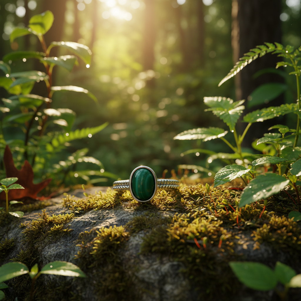 Bague malachite femme réglable posée dans la nature – pierre naturelle verte de guérison