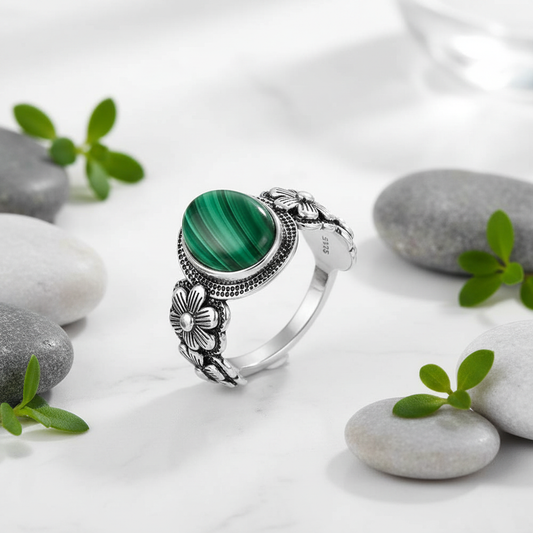 Bague malachite argent 925 design floral vintage fond zen