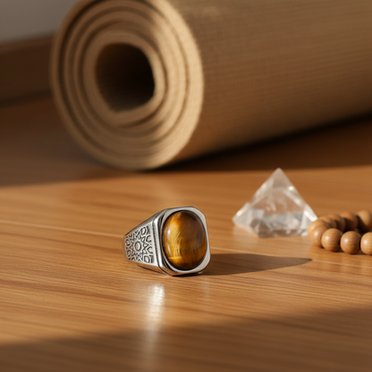 Bague oeil de tigre homme tapis de yoga – bijou pierre naturelle pour la pratique